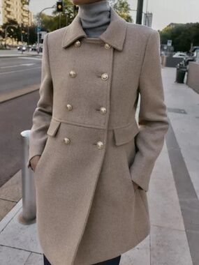 Zara Double-Breasted Pea Coat in Taupe